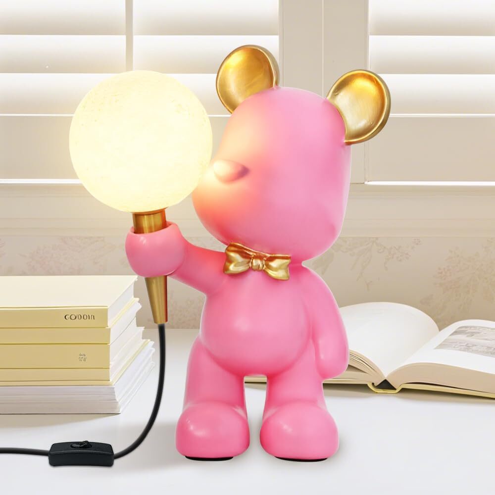 Children's Pink Table lamp, Cute Bear Bedside lamp, Frosted Glass lampshade